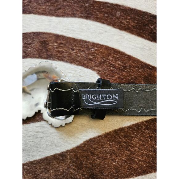 Vintage Brighton USA Heart Buckle Western Belt Silver Leather Black Sz L - Picture 5 of 6
